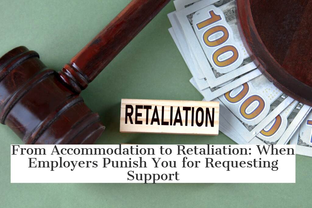 Wooden gavel and money with 'RETALIATION' block, symbolizing employer retaliation for requesting workplace accommodations.